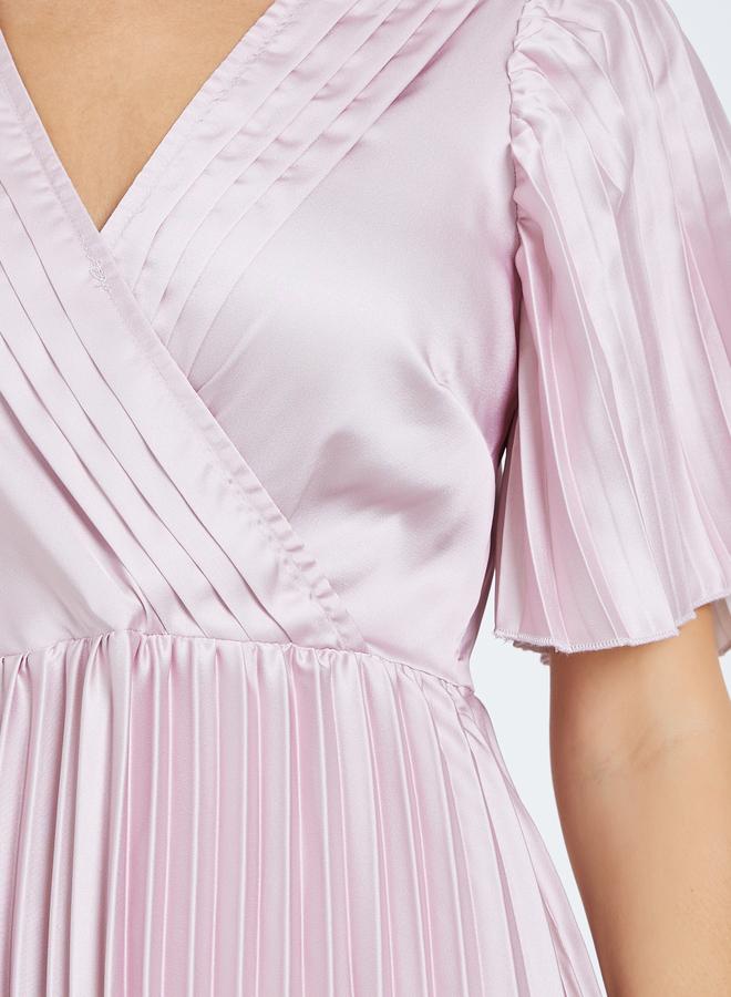 Styli Women Pink Floral Pleated Wrap Midi Dress - Image 3